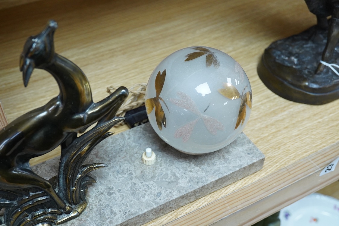 A French Art Deco gilt metal and marble ‘deer’ lamp, 30cm long